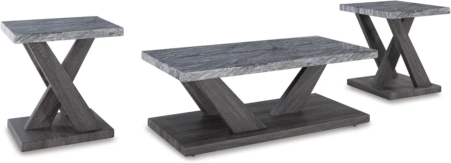 Bensonale 3-Pc Coffee Table and End Table Sets | Weathered gray wood-grain finish with lower shelves, Built-in rolling casters f