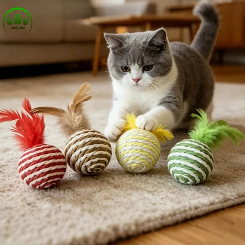 3/5/10 PCs Cat Feather Toys Interactive Cat Sisal Balls Funny Kitten Tease Toy Random Color Pet Cat Boredom Relief Toys