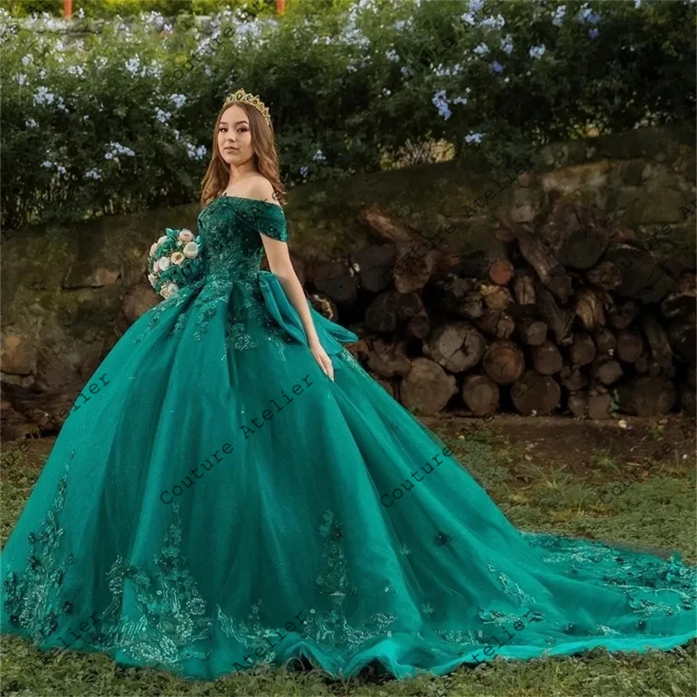 Vestido de fiesta de quinceañera verde con Apliques de encaje, vestido de princesa con lazo, vestido dulce 16, vestidos para quinceañeras