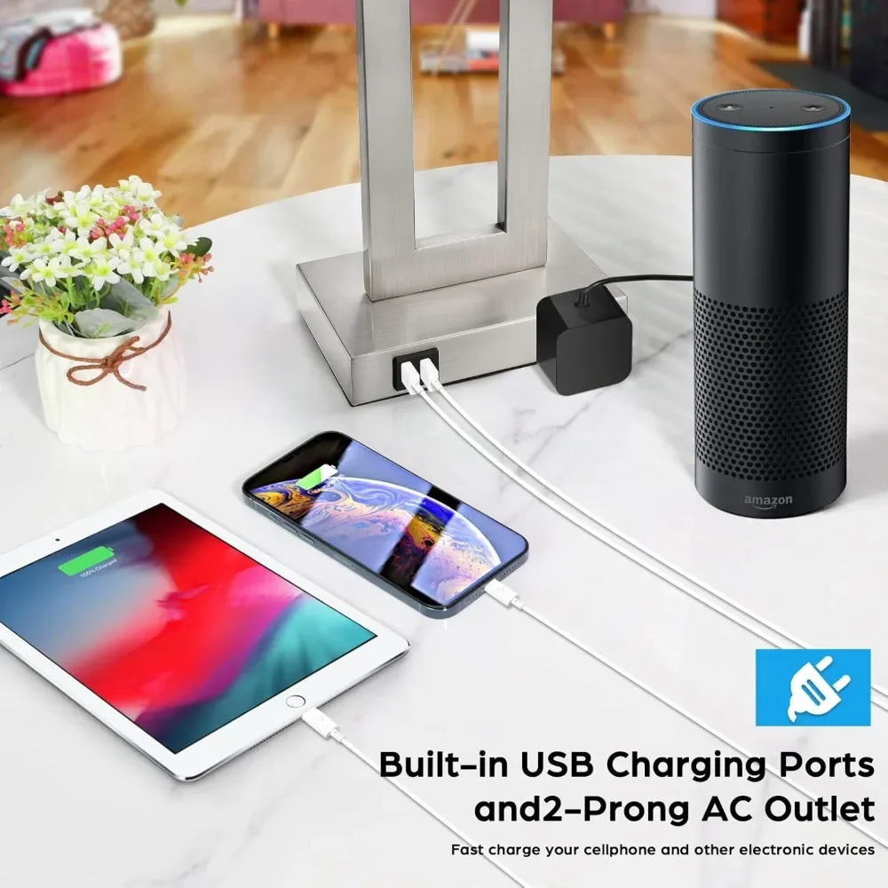 

22'' Tall Table Lamps for Bedroom Set of 2, Silver Bedside Touch Control Lamp with 2 USB Ports&AC Outlet, Modern Living Room Tab