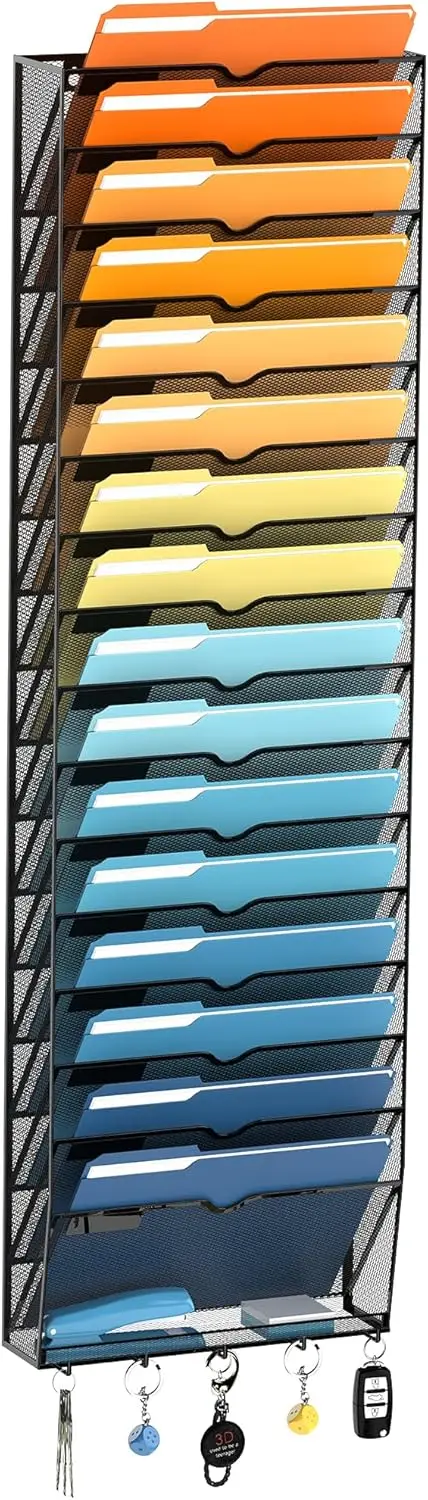 

17-Tier Wall File Holder with Hooks, Mesh Organizer for Papers and Folders, Office Magazine Rack in Black