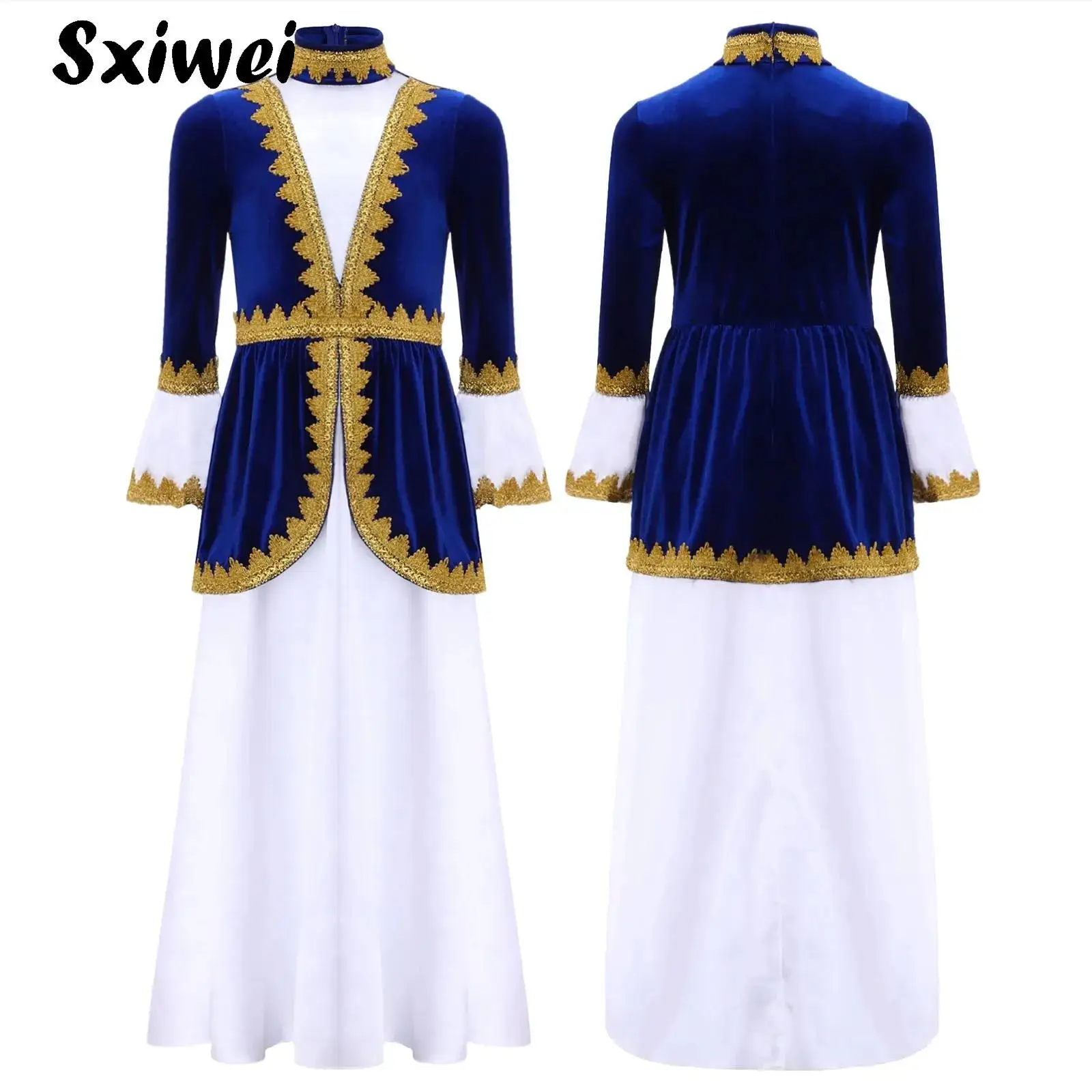 

Kids Girls Russian Heritage Costume Gold Webbing Decoration Long Flare Sleeve Long Dress Halloween Traditional Belarus Clothing