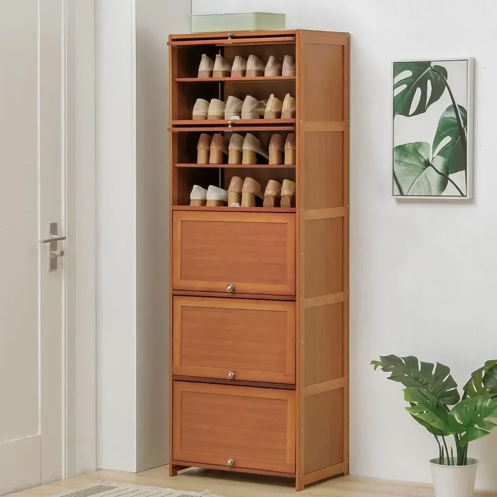 Armoire à chaussures en bambou avec porte, grande armoire de rangement, chaussures autoportantes à 10 niveaux, talons hauts, rencontre T1 pour 26 à 30 paires, marron