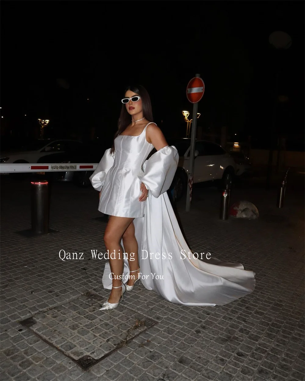 Qanz White Satin Wedding Dress Spaghetti Straps Short Vestidos De Novia 2 En 1 Desmontable Lace Up Back Bridal Gowns Customized