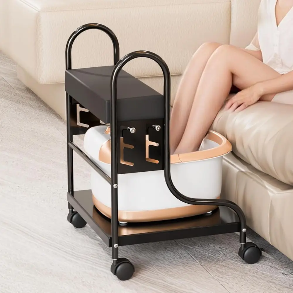 Adjustable Height Pedicure Cart with PU Cushion, Portable Nail Salon Trolley for Manicures and Foot Spa Treatments, Black