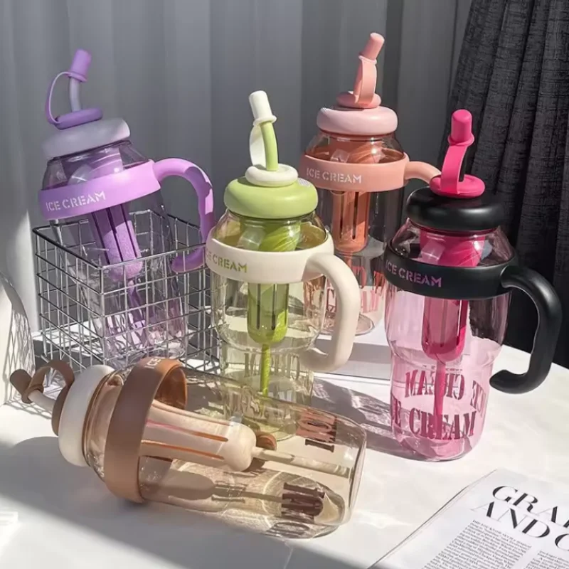 

Симпатичная бутылка для воды с ручкой и соломинкой, многоразовая пластиковая бутылка для воды, герметичная чашка, спортивная бутылка для воды большой емкости