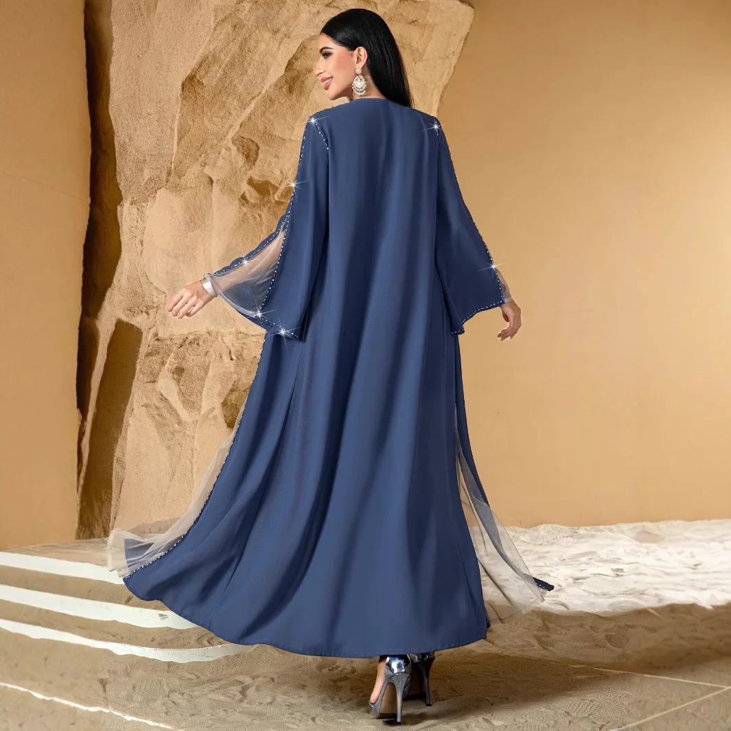 Women's Grey Blue Casual Trendy Loose Elegant Diamond Long Sleeve Cardigan Abaya Female Clothes Middle East Muslim New Fashion