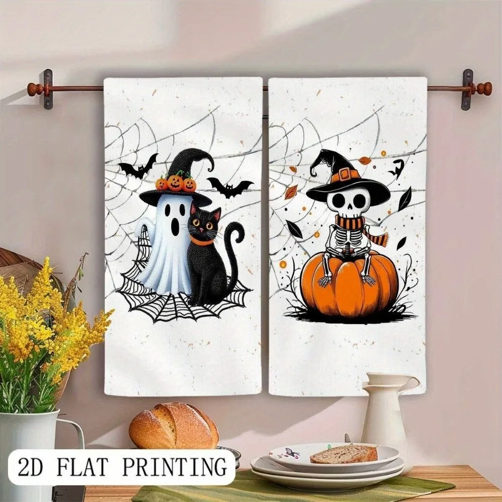 2 pcs Halloween Decor Ghost Halloween Dish Towels Cat Pumpkin Kitchen Towel Funny Strong Absorbent Hand Towel New Home Gift