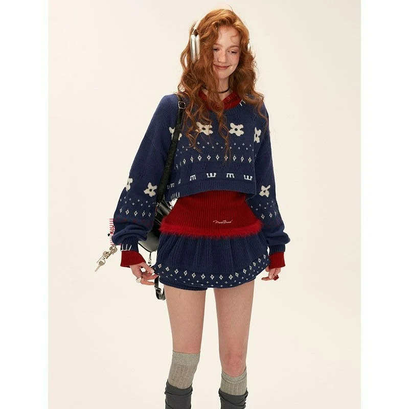 

Жаккардовый короткий вязаный свитер с круглым вырезом для женщин, осень/зима 2026, новый стиль, модные свободные брюки, юбка, комплект из двух предметов