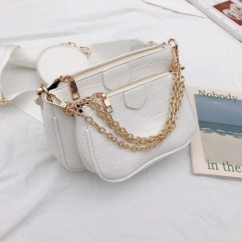 Fashion alligator women messenger bag designer wide strap shoulder bag luxury chain crossbody bag pu leather ladies 3 bags set