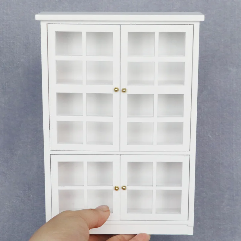 1:12 Dollhouse Miniature Furniture, White Four-Door Display Cabinet for Micro Scene Decor
