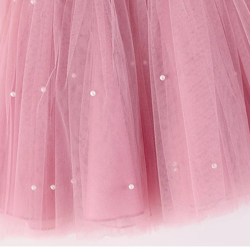 Sweet Kids Princess Dress Baby Girls Pearls Beading Bow Wedding Birthday Gown Children Summer Off-Shoulder Clothes 1 To 6 Years