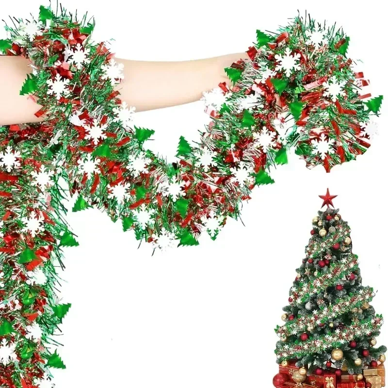 2M Red Green Glittering Metallic Twist Garland Hanging Decoration for Xmas Tree Winter Home Holiday Stairs New Year Party Decor