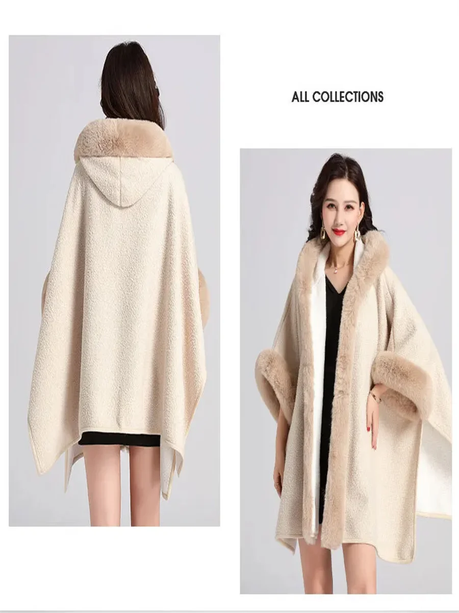 Women Granular Cardigan Long Cloak Loose Coat With Hat Winter Thicken Velvet Big Pendulum Faux Fur Collar Outstreet Poncho Capa