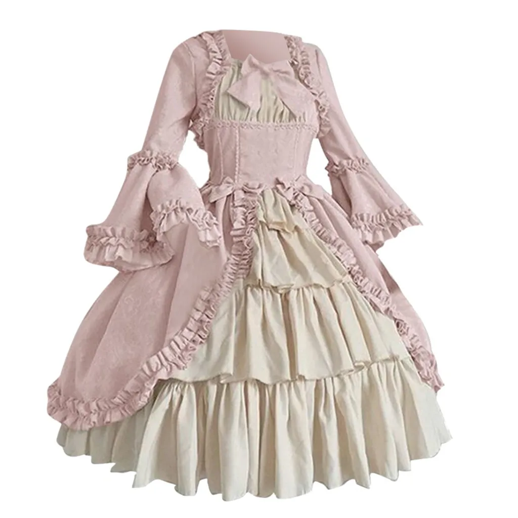 Vestido dulce de Lolita para mujer, elegante corte gótico, manga larga, cuello cuadrado, lazo de retales, Vestidos de princesa, Vestidos Kawaii femeninos