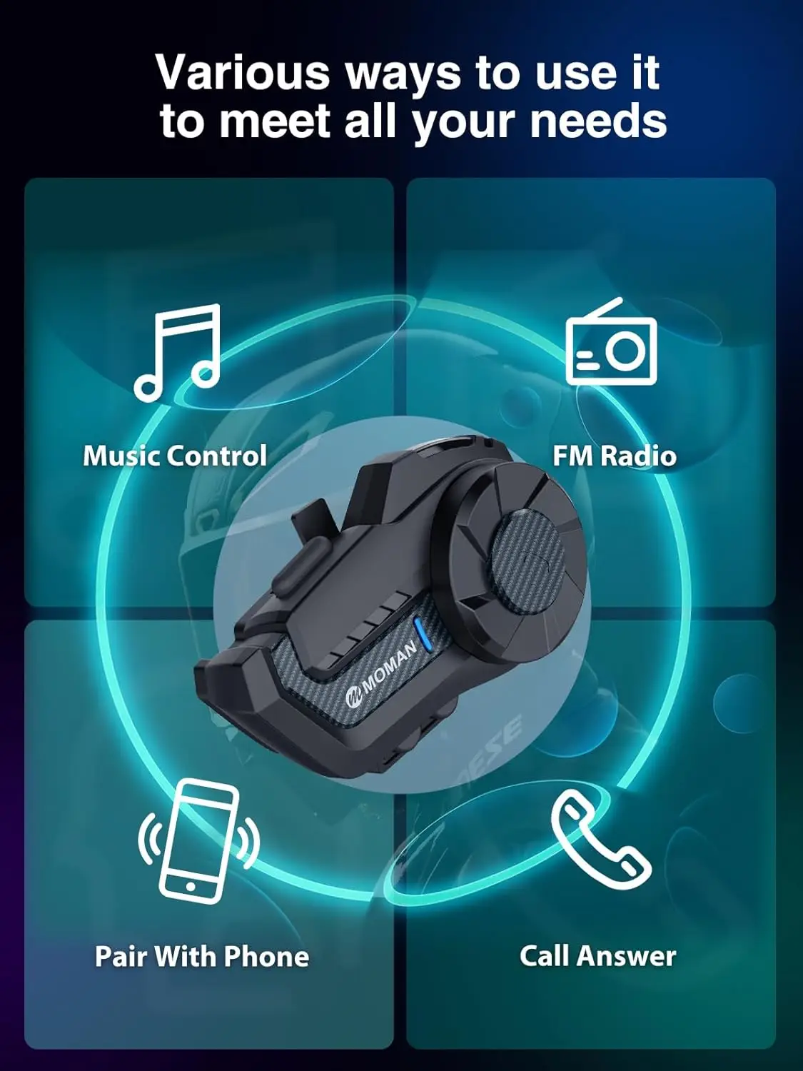 Moman H2Pro Motorbike Helmet Motorcycle Intercom Communication System up to 1000M with DSP&CVC Noise Cancellation FM Music Share