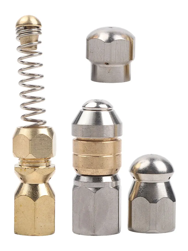 Four Piece Sewer Cleaning Nozzle Set with Rotation Capability and Ultra Short Head for Tight Pipe for access Scenarios