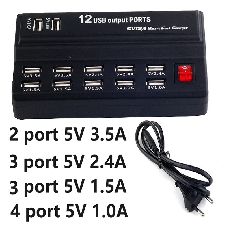 12 Ports phone charger 5V 3.5A 2.4A 1.5A 1A USB Power Socket phone tablet charging Charger Hub adapter For IPhone Samsung Huawei