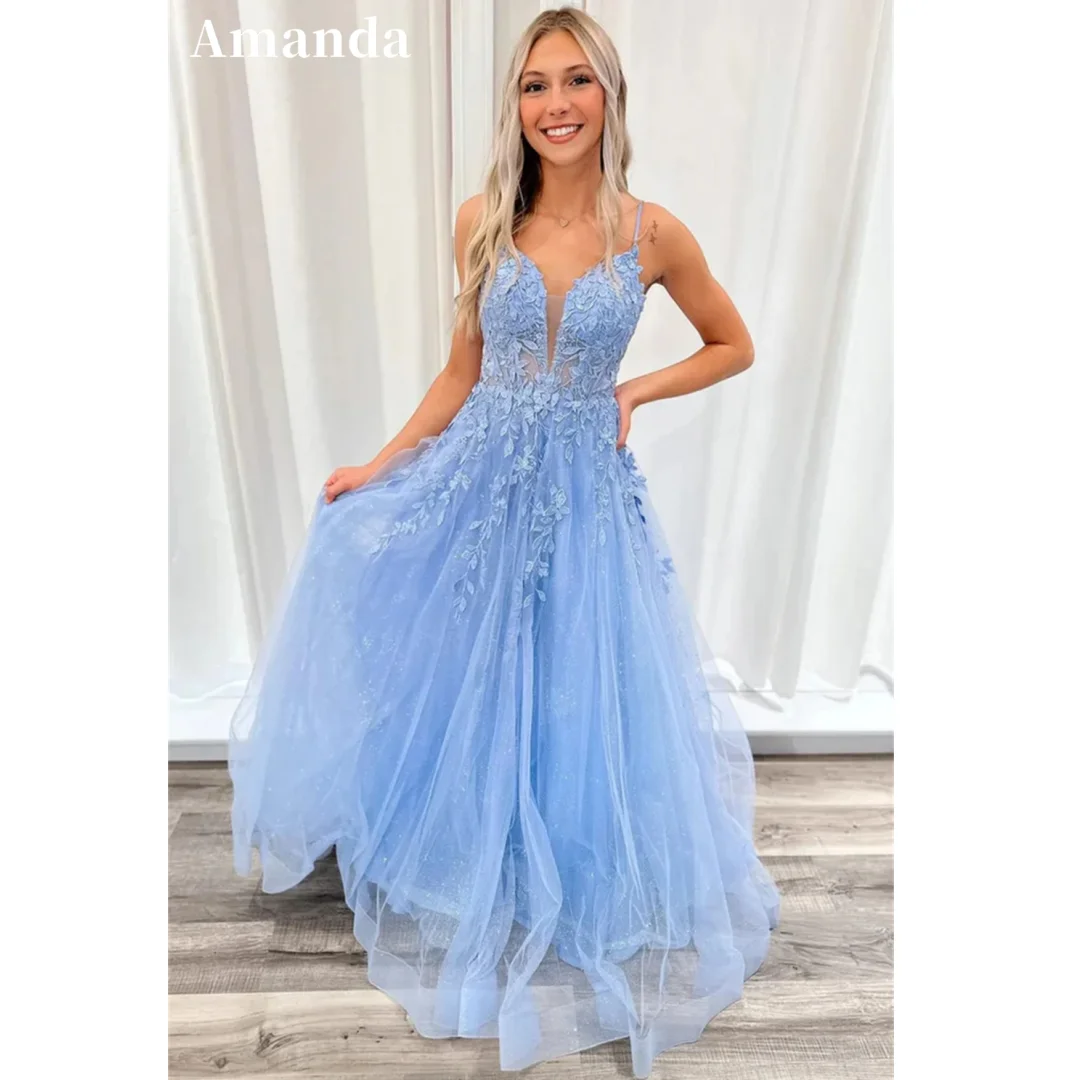 

Amanda Light Blue vestidos de noche Spaghetti Strap Sleeveless Prom Dresses Floor-Length Lace Appliques Tulle Formal Evening