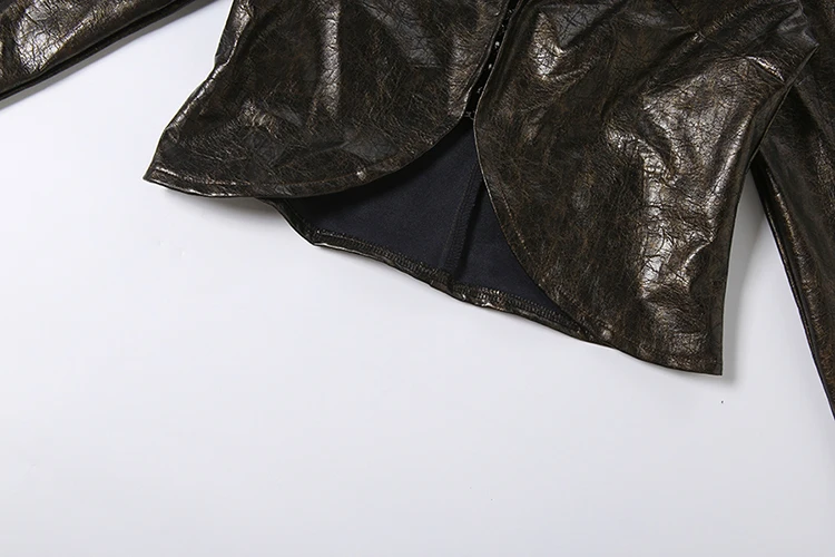 Weird Push Hottie Leder 2-teiliges Set Damenmode Einreihige Jacke mit tiefem Ausschnitt und langen Ärmeln + Mini-Pfirsich-Hüftrock Streetwear – Detail 10