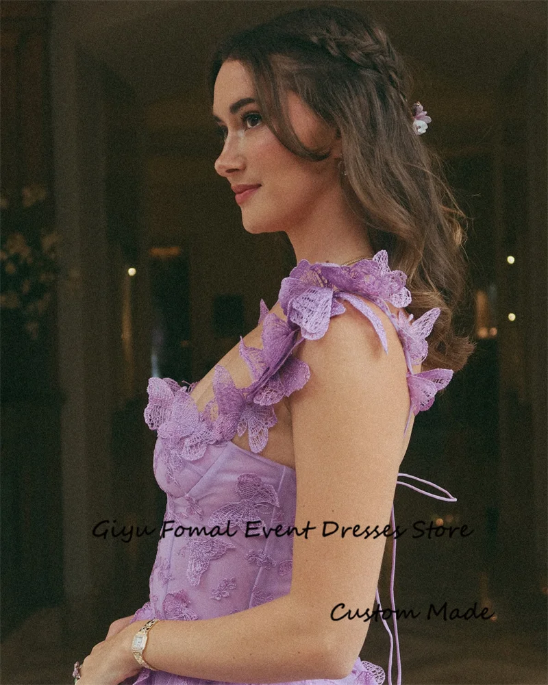 Giyu Lilac Lace Evening Dresses Arabic Women Straps Sweetheart Tea Length Formal Gowns Korea Wedding Party Birthday Photo shoot