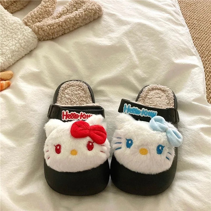 Hello Kitty Original Waterproof Baotou Cotton Slippers for Women in Winter, Thick Bottom, Non slip, Warm Fury Slippers