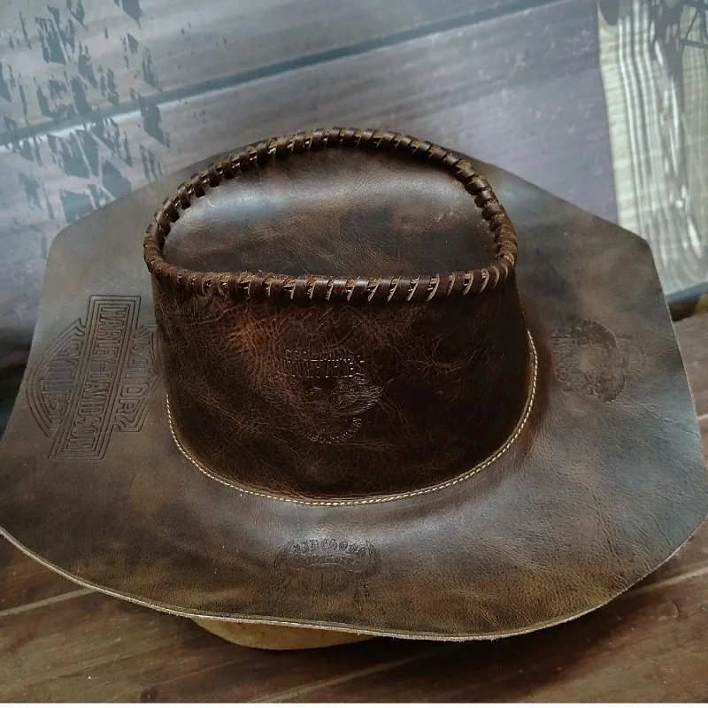 Rustic style vegetable-tanned leather hat heavy hand-painted cowhide casual and versatile printed pattern for men