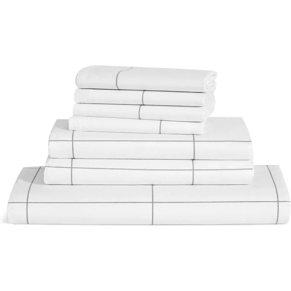 Luxury Sateen 7 Piece Sheet Set - 100% Cotton, Queen Size in Windowpane - 1 Duvet Cover, 1 Fitted Sheet, 1 Flat Sheet, 4