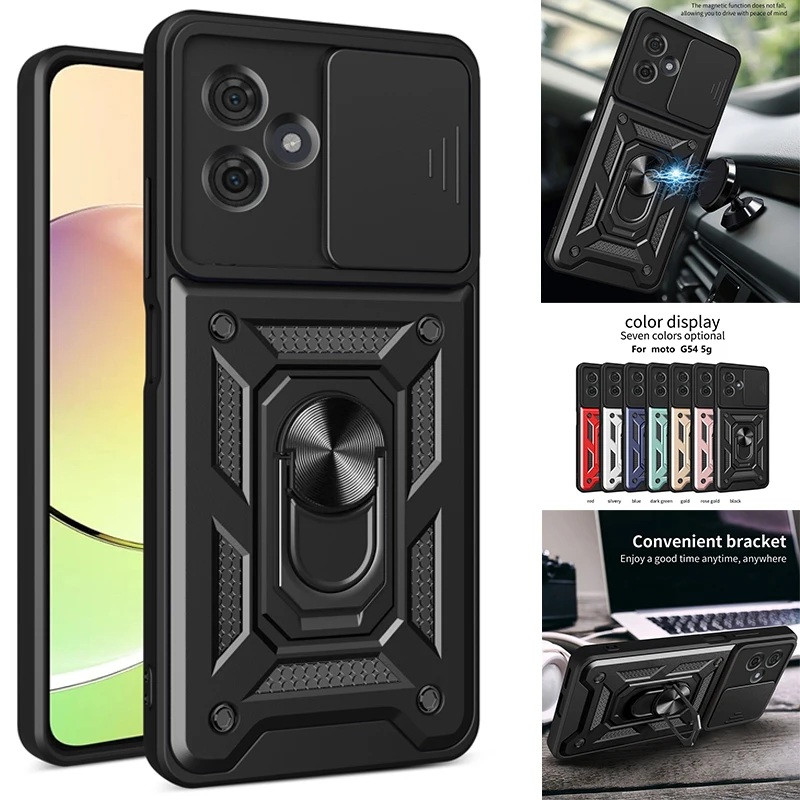 For Motorola G54 Case Slide Camera Lens Armor Phone Case For Moto G54 G 54 5G MotorolaG54 Magnetic Car Holder Ring Back Cover