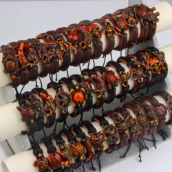 20Pcs/Lot Vintage Animal Adjustable Leather Bracelets Handmade Black/Brown Wristbands Men's Women's Jewelry Party Gift Mix Style