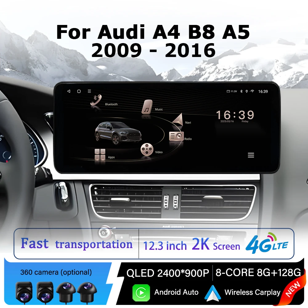 

QLED 2400*900P Android 14 for Audi A4 B8 A5 2009 - 2016 Car Radio Multimedia Touch Display GPS Navi Bluetooth Wireless Carplay
