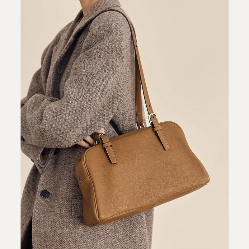 حقيبة بولينج من جلد البقر المدبوغة بالخضراوات من Qiuzhen للنساء مع حقيبة كتف ذات سعة كبيرة وحقيبة حمل #1