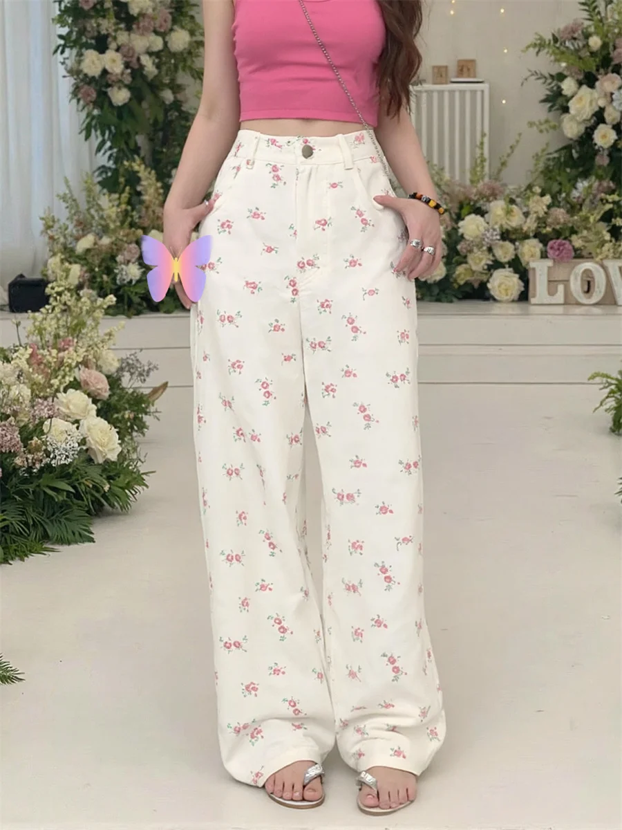 

Милые джинсы с высокой талией и цветочным принтом, мешковатые женские джинсовые брюки, женская одежда, зимняя плюшевая прямая домашняя одежда для отдыха, универсальная