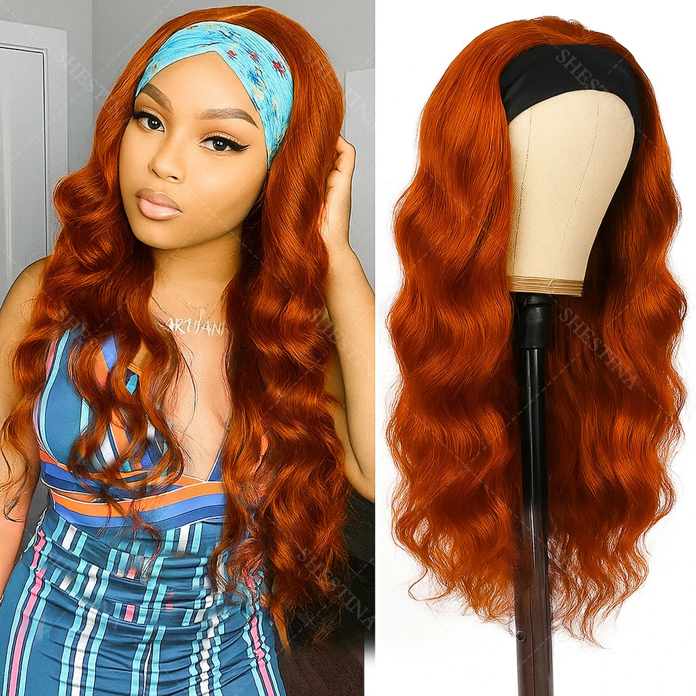 

350 Ginger Body Wave Headband Human Hair Wig Machine Made Burgundy Wig Ready To Wear Brazilian Remy Reddish Brown Human Hair Wig