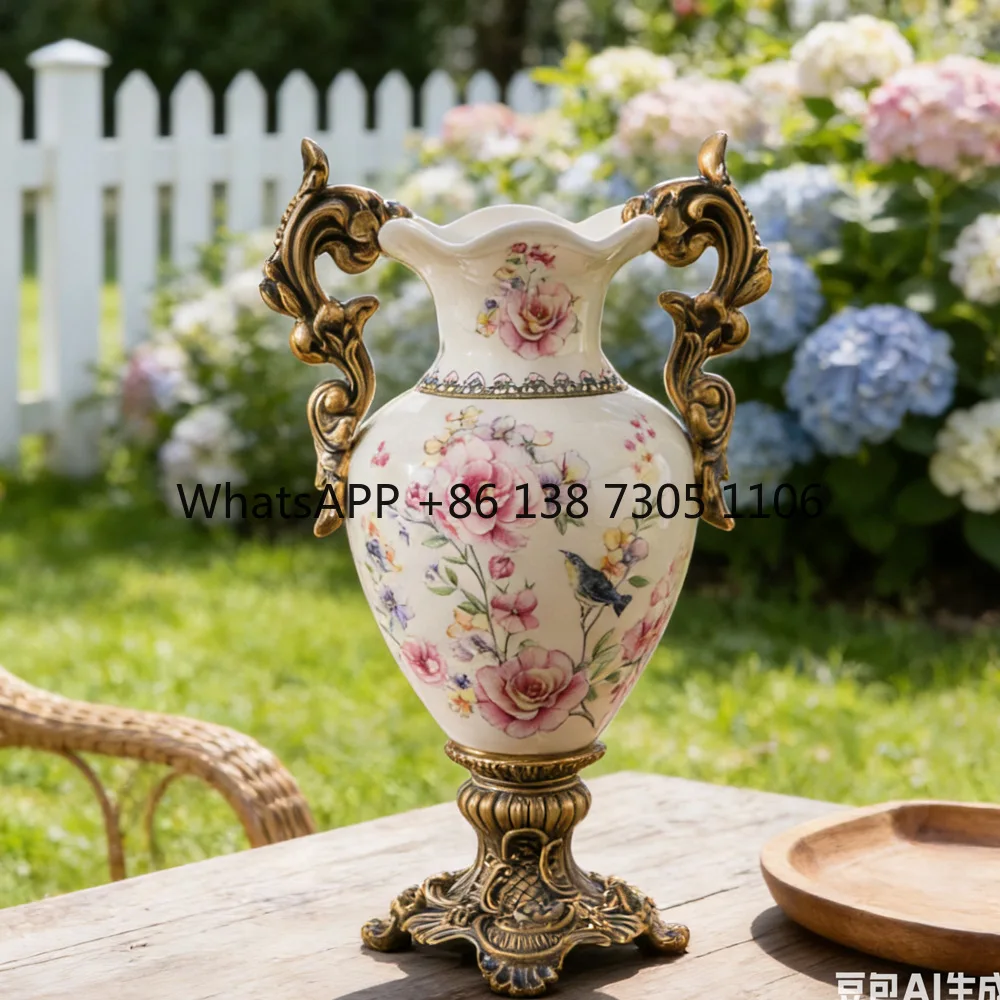

European binaural floor-to-ceiling ceramic vase flower arrangement high-end American retro niche home decoration vase