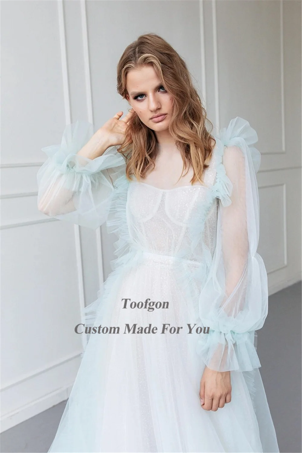 Toofgon-Robes de mariée Boho en tulle brillant pour la mariée, manches longues bouffantes, volants, col rond, patients de mariage, quelle que soit la princesse