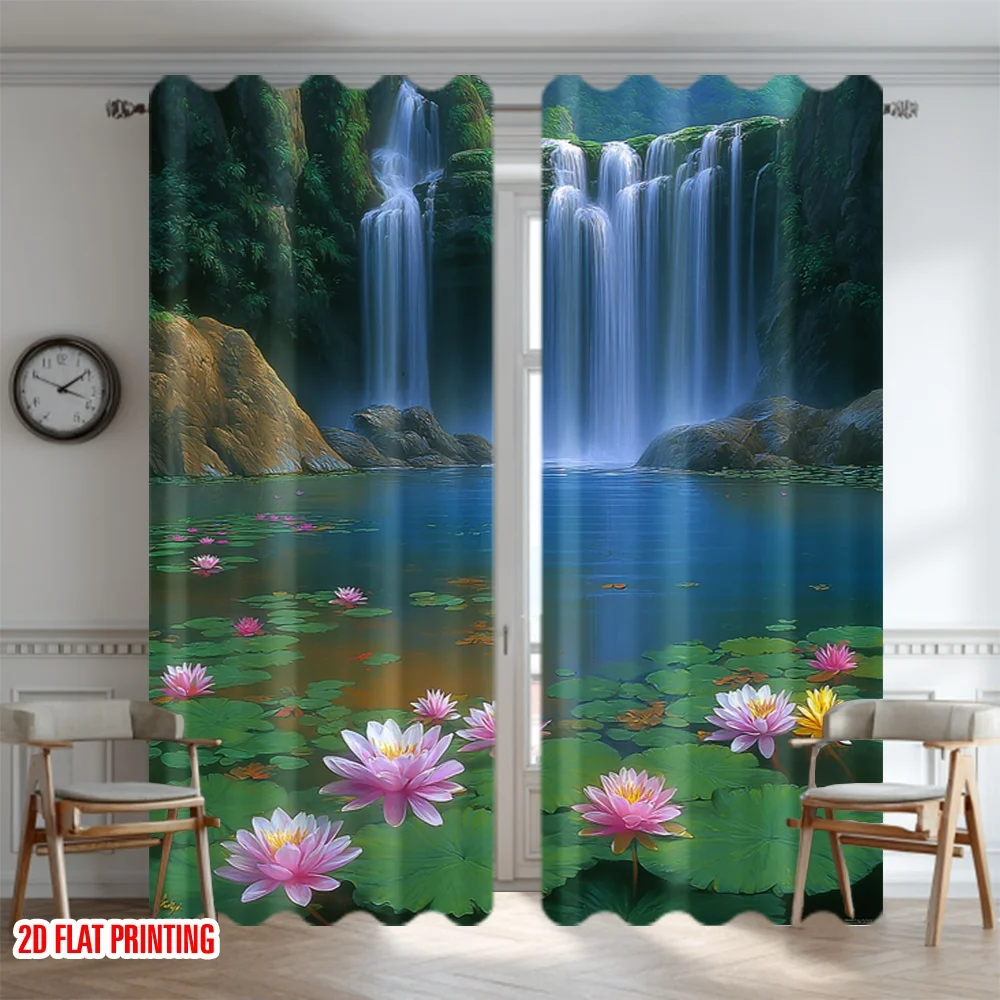 2D flat printing 2pcs Curtains Waterfall Nature Serenity Lily Digital Printed Polyester Drapes Family Party Decoration Use for