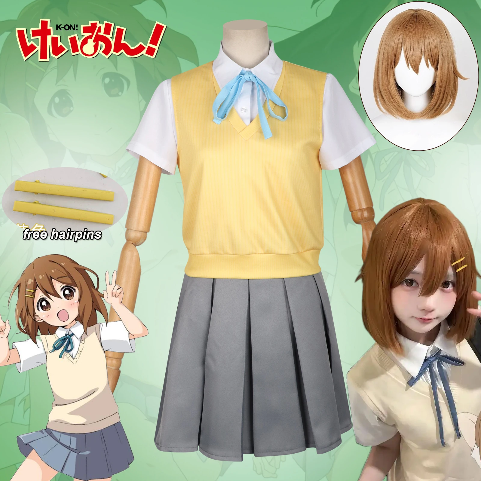

Аниме K-ON! Hirasawa Yui Косплей Костюм Желтая японская школьная форма JK Комплект Костюм Парик Костюмы на Хэллоуин для женщин и девочек