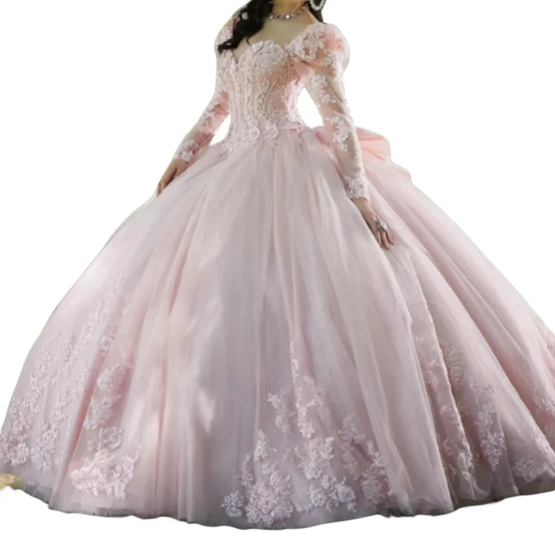 AA166 Customized Pink Quinceanera Dress Long Sleeves Applique Lace Sweet 16 14 Birthday Party Dress Prom Gown robes de soiree 15