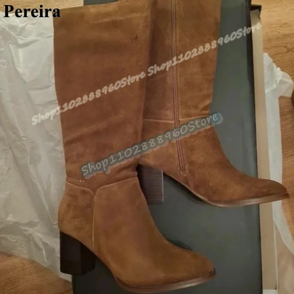 

Knee High Brown Flock Casual Boots Chunky High Heel Shoes For Women Side Zipper Round Toe Fashion Simple Zapatos Para Mujer