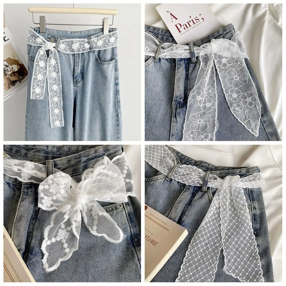 

Ins Sweet Lace Waistband Y2k Bow Gauze Waist Belt Long Tie Up Dress Jeans Belt Summer
