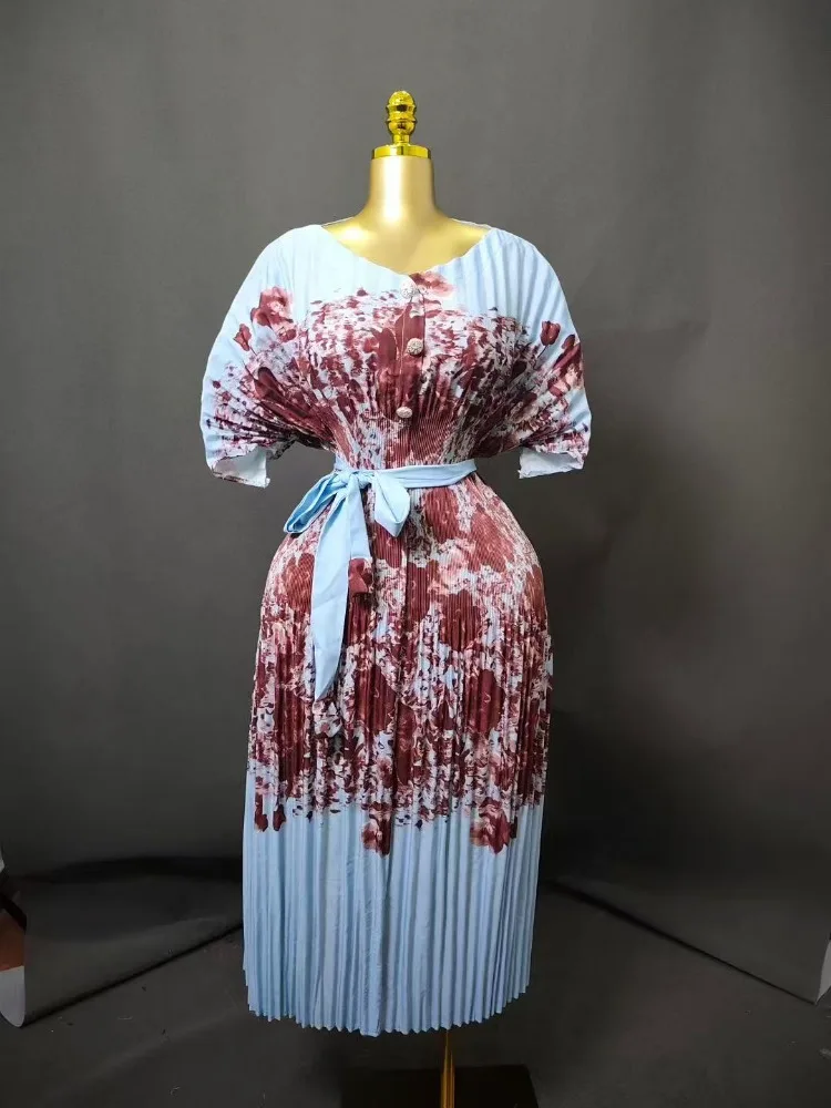 

Miyake Noble Temperament Is Elegant Print Pleated Dress Women's Clothing Loose Irregular Bat Sleeve Dress Long Skirt