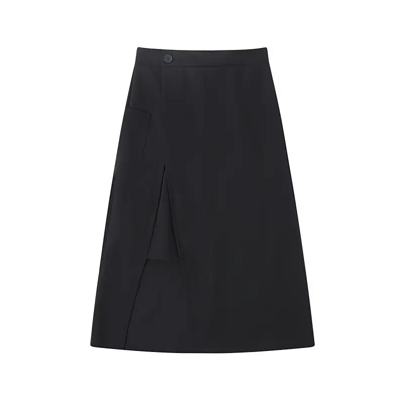 

Long A-line Skirts Women Retro Solid Korean Style Leisure Side-slit Black Spring Summer All-match High Waist Design Mujer Faldas
