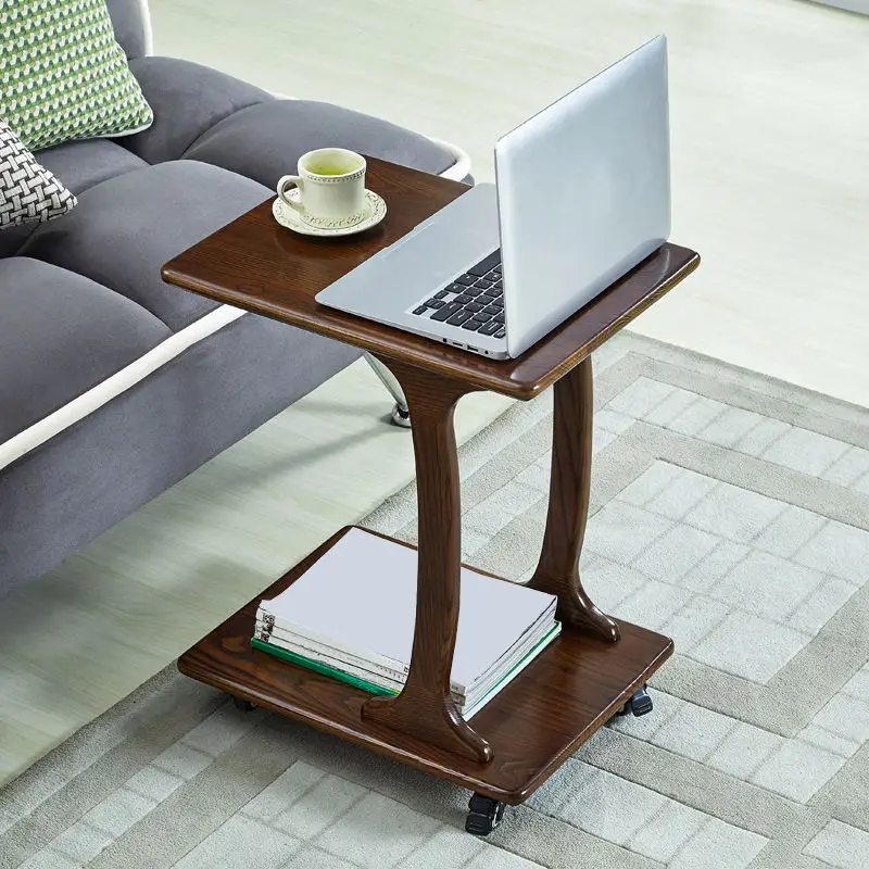 Customizable Solid Wood Living Room Sofa Side Table Movable Corner Table Balcony with Wheels Square