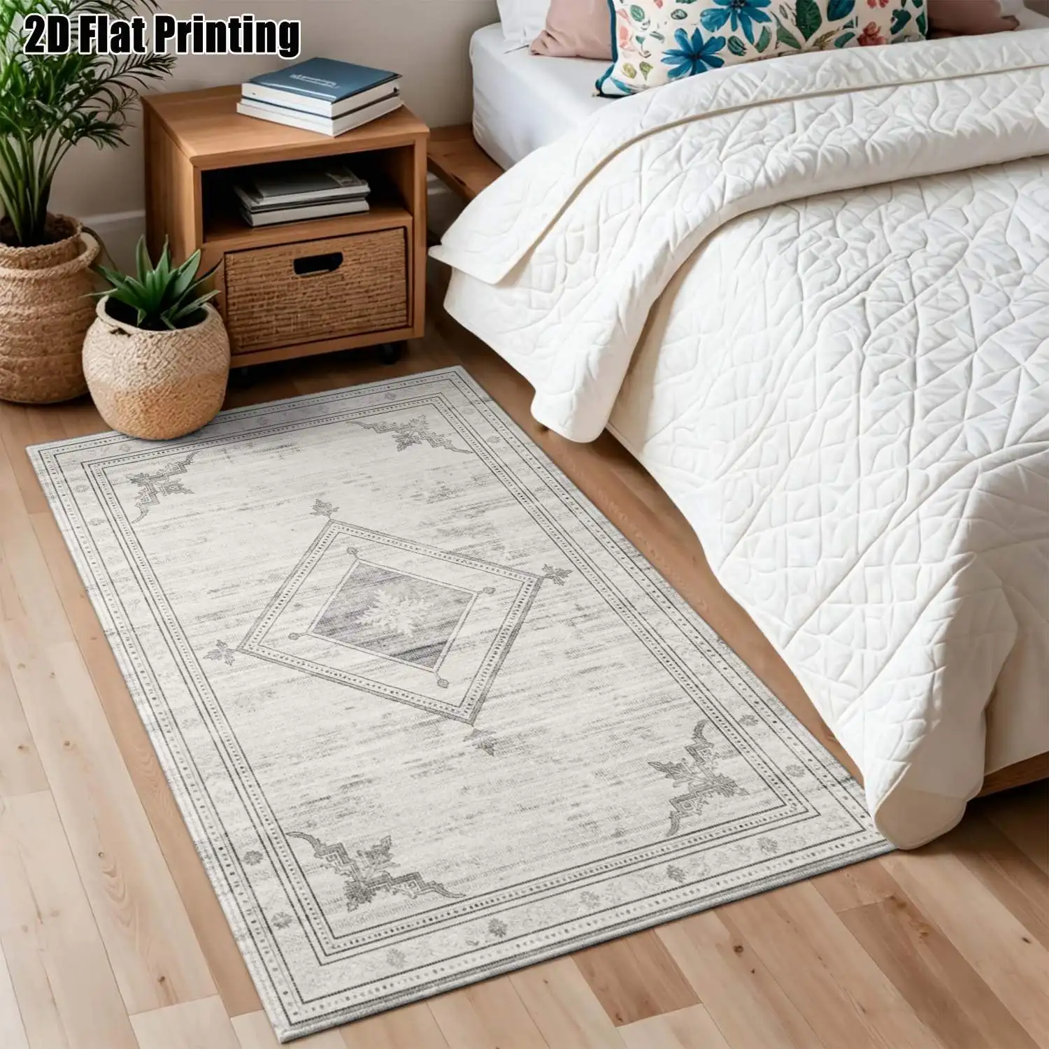 1Pc 2D Printed Gray-White Geometric Diamond Pattern Carpet: European Vintage Modern Minimalist Style, Home Decor, Multi-Size, Machine Washable, for Entryway, Living Room, Bedroom, Dining Room, Foyer