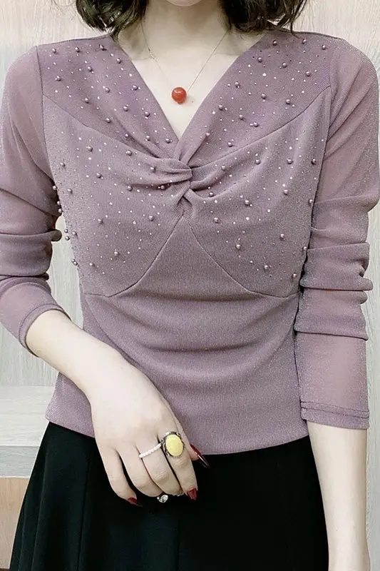 

Весенняя новая блузка с длинными рукавами и вышивкой из бисера, модная женская сетчатая базовая рубашка с v-образным вырезом