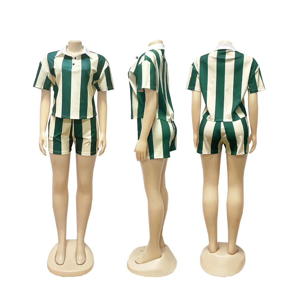 Damenbekleidung, modisch, gestreift, langärmelig, Polo-Ausschnitt, T-Shirt und Shorts, 2022, Frühling, Sommer, 2-teiliges Set, Trainingsanzug – Detail 6