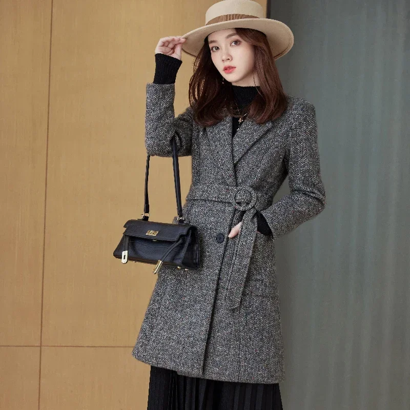 Women Thickened Woolen Long Sleeves Jacket  Autumn Winter 2024 New Waist Woolen Suit Double-breasted Slimming Lady Long Coat Top