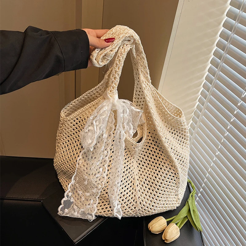 Einfarbig Frauen Stricken Spitze Bogen Schulter Tasche Aushöhlen Große Kapazität Häkeln Einkaufstasche Geräumige Bequeme Kleinigkeiten Lagerung