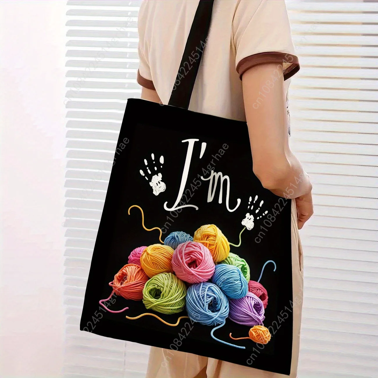 Tas Rajut Wanita Desain Cetak 2D dengan Bola Benang, Jarum & Peralatan, Tas Bahu Kasual Poliester Tahan Lama